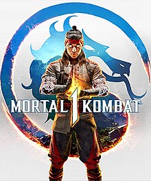 One of the game's characters, Liu Kang, stands in front of the Mortal Kombat dragon emblem that is superimposed with a landscape background.
