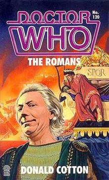 Artistic book cover with the text "DOCTOR WHO" and "THE ROMANS" at the top, and "DONALD COTTON" at the bottom. The Doctor looks down towards the viewer, with Nero on his throne in the background.