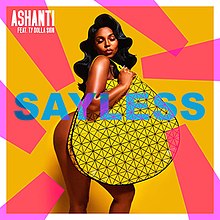 A nude woman covers herself with an over-sized yellow purse while posing in front of a colorful background. The artists' names and the song title are placed on the image.
