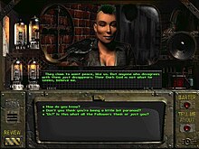 There are three boxes in the middle part of the screenshot. The top box contains a non-player character's head and shoulders, the middle box contains dialogue from the character, and the bottom box contains possible dialogue choices for the player.