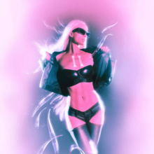 Hilton in a stylized, pastel-hued photograph wearing an open jacket, leather bikini, sunglasses, with "II" marked on her chest