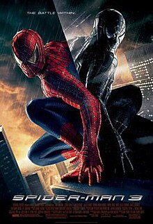 Spider-Man in the rain in his original suit looks at a reflection of himself wearing his black suit in the window of a building, with the film's slogan, title, release date and credits below.
