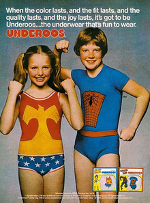 Underoos Promotional Ad from 1978. It features two smiling children, a boy and girl, wearing the Spider-Man and Wonder Woman licensed undergarments in a wrestler-styled pose.