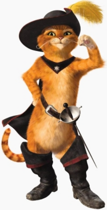 A fictional cat from the Shrek franchise, wearing boots, a feathered hat, and a cape while wielding a sword