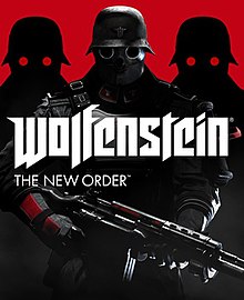 The game's cover art. The text "Wolfenstein" is in the centre, with the text "The New Order" written underneath it, aligned to the left. Behind the text is an enemy soldier, holding a gun in his hands.