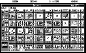SimCity in 640 × 200 monochrome. Note the use of dithering to simulate gray tones and non-square pixel ratio that deforms the fonts