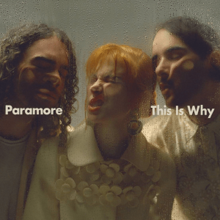 The band members press their cheeks up against a glass screen that is slightly wet, superimposed with the text "Paramore" and "This Is Why" on either side.