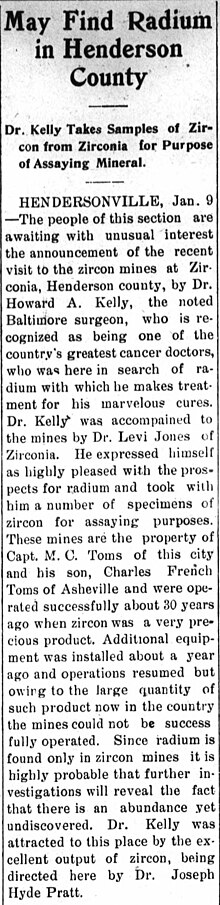 Newspaper Clipping describing a visit on January 9, 1914, from Dr. Howard A. Kelly to Zirconia, NC to survey local zircon mines for radium source to be used in his medical practice. From the January 16, 1914 issue of The News-Record, Marshall, NC.