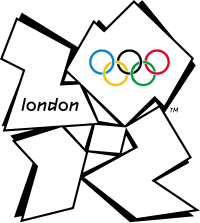 Four abstract shapes placed in a quadrant formation, spelling out "2012". The word "London" is written in the shape representing the "2", while the Olympic rings are placed in the shape representing the "0".