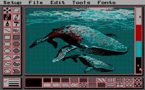 PCPaint in 320 × 200 3rd palette low intensity, showing a typical low resolution interface. Note the use of dithering to overcome the CGA palette limitations