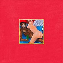 The album cover is textless, consisting mostly of empty red space. In the center is a crude painting of Kanye West being straddled on a bed by an armless winged female with fearsome features and a long, spotted tail. Both are nude, and one of the creature's nipples and her buttocks are visible.