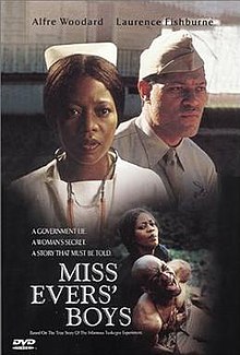 Alfre Woodard in nurse's uniform with Laurence Fishburne in U.S. Army uniform circa World War 2 and "Miss Evers' Boys" superimposed in white block letters