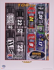 The 2010 Irwin Tools Night Race program cover, celebrating the 100th NASCAR Sprint Cup Series race held at Bristol Motor Speedway. Artwork made by Sam Bass. "100!"
