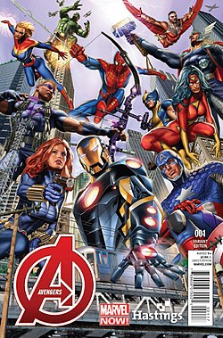 קבוצת האוונג'רס, כפי שהופיעה על עטיפת החוברת Avengers Vol.5 #1 מדצמבר 2012, אמנות מאת כריסטופר הייסטינגס.