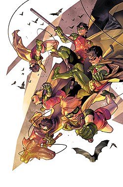 הדמויות השונות שנטלו את זהות רובין, כפי שהופיעו על עטיפת החוברת Robin 80th Anniversary 100-Page Super Spectacular #1 ממאי 2020, אמנות מאת יסמין פוטרי.
