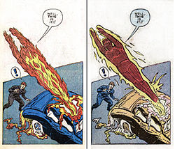 Fáklya ábrázolása az 1961-es The Fantastic Four c. képregény első kiadásában és az 1963-as újrakiadásban.