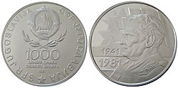 1.000 динара 40. година устанка и револуције 1981. 14 g 30 mm Ag 75%