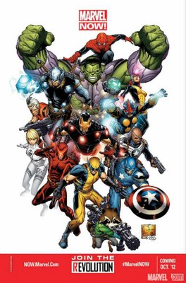 Наглядно демонстрирующая изменения дизайна персонажей, проведённые в рамках «Marvel NOW!», иллюстрация авторства художника Джо Кесады.