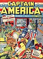 ภาพปกหนังสือการ์ตูน กัปตันอเมริกาคอมิกส์ #1 (มีนาคม ค.ศ. 1941) ซึ่งวาดปกโดยโจ ไซมอน กับแจ็ก เคอร์บี
