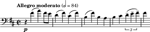 
\relative c' {
\clef bass
\key d \major
\time 2/2
\tempo "Allegro moderato" 2 = 84
\set Staff.midiInstrument = "cello"
r4\p fis( a) fis8 e
d4( fis) cis( fis)
b,( fis') b, a
b cis \times 2/3 {d--( e-- fis--)}
fis
}

