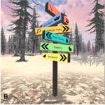 Three images each set in 3D animations of a snowy forest show, from left to right: a gray sign that reads “Welcome to RESeT”; a post with six small signs on with arrows and the words from top to bottom “River Boats,” “Scavenger Hunt,” “Rock Stacking,” “Rabbits,” and “Bird Search”; a red sign with an image of a bird on it and the text “FOLLOW THE SONG.”