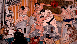 Woodcut ilustration of a sumo “stable” with various wrestlers training and onlookers watching. 
