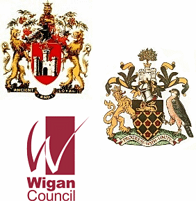 Wigan town crest, Wigan Borough crest and Wigan Council logo. 