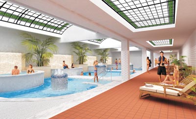 Artists rendering of pools that will be in Quapaw Baths--curved pools under a skylight with stained glass
