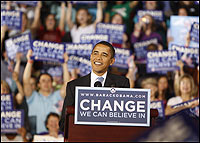 Sen. Barack Obama delivers his victory speech following the North Carolina primary.