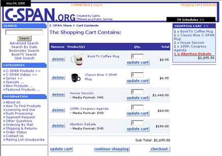 (Figure 5) The C-SPAN store: a few house sessions and coffee mugs have been added to the shopping cart