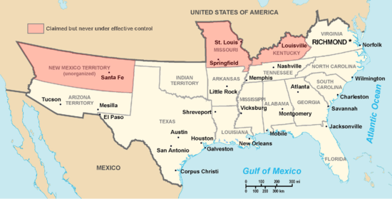 Map of the states and territories claimed by the Confederate States of America.
