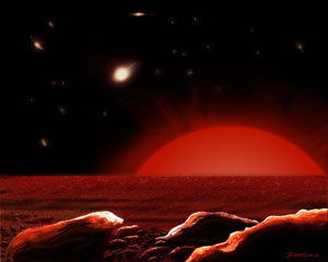 Our sun as a red giant rises over a decimated landscape five billion years from now. (Illustration: Einar Bordewich)
