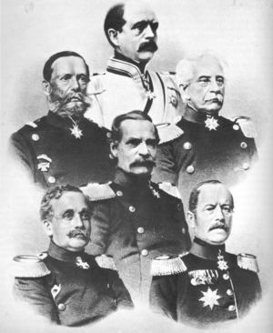 Prussian generals in Sadowa (1866): Bismarck, general Vogel von Falkenstein, General Karl Friedrich von Steinmetz, Albrecht von Roon, General von Fliess & General Herwarth von Bittenfeld.