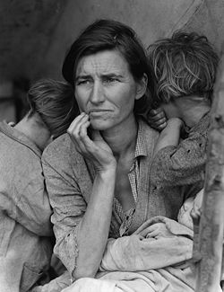 Dorothea Lange's Migrant Mother, depicts destitute pea pickers in California, centering on a mother of seven children, age thirty-two, in Nipomo, California, March 1936.