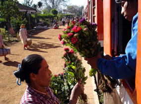 Station trader selling fresh flowers, at a station on the Mandalay - Pyin Oo Lwin - Lashio line.