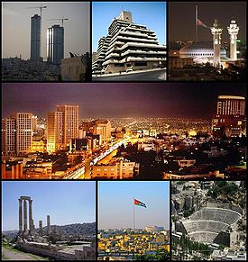 From top left: Jordan Gate Towers, Al-Iskan Bank Building, King Abdullah I Mosque, The skyline of Amman including the Le Royal Hotel Building, The Citadel Hill, The Raghadan Flagpole, and The Roman amphitheater in Downtown Amman