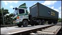 Rail track, Thai truck on Thai side of border bridge, Aug 08