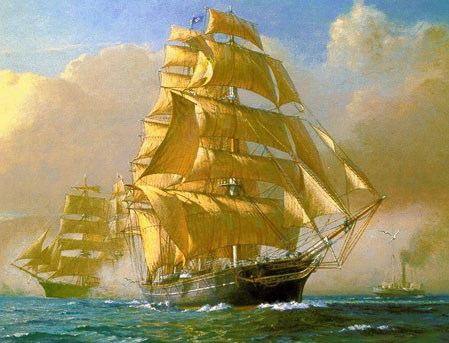 Painting of Cutty Sark under sail.