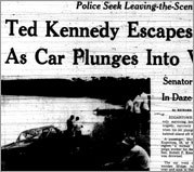 Globe front page: Ted Kennedy Escapes, Woman Dies, As Car Plunges Into Vineyard Pond