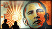 Two people stand in front of a mural of Barack Obama. AP Photo/Matt Sayles