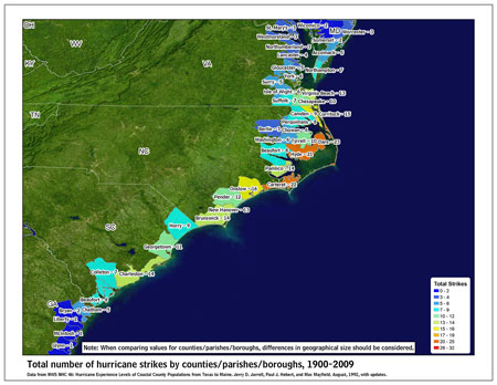 [Map of 1900-2009 Hurricane Strikes by U.S. counties/parishes (Southeast)]