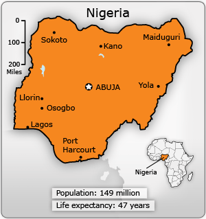 Map of Nigeria including population and life expectancy.