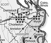 Bruce Moses, Map of STFU and NAACP group sites in the Missouri Bootheel by late 1937, 2009.