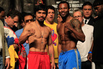 LAS VEGAS, NV - MAY 06:  (L-R) Boxers Manny Pacquiao of the Philippines and Shane Mosley pose after the weigh-in for their WBO welterweight title fight at MGM Grand Garden Arena on May 6, 2011 in Las Vegas, Nevada. Pacquiao will defend his WBO welterweight title against Mosley on May 7, 2011 in Las Vegas  (Photo by Chris Trotman/Getty Images)