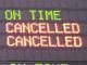 Cancelled flights on the Auckland airport information board.