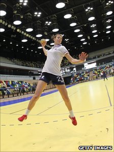 A handball player in the London Olympic venue