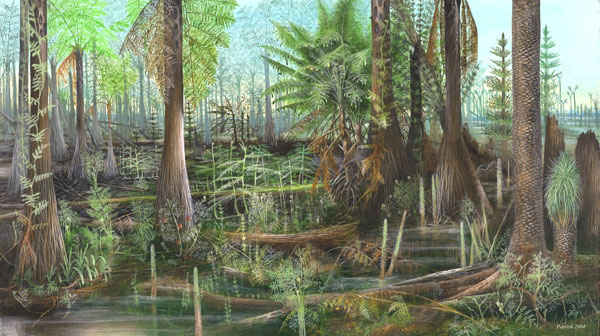 Life restoration of Carboniferous swamp.