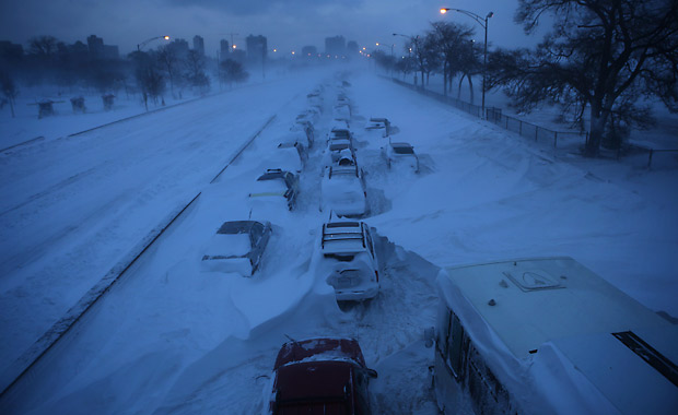 Cars and buses sit frozen in their tracks on northbound Lake Shore Drive on February 2. Hundreds of people had spent a night stranded in vehicles as the city's third-biggest snowstorm clobbered the Chicago area. (E. Jason Wambsgans, Chicago Tribune)