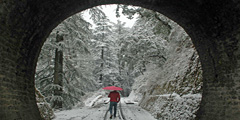 A man walks along a snow covered railway track in Shimla, India's northern state of Himachal Pradesh on February 8, 2012.
