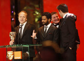 Slumdog makes it three wins out of three as Glenn Freemantle, Resul Pookutty, Richard Pryke, Tom Sayers and Ian Tapp collect the BAFTA for Sound (BAFTA / Marc Hoberman).